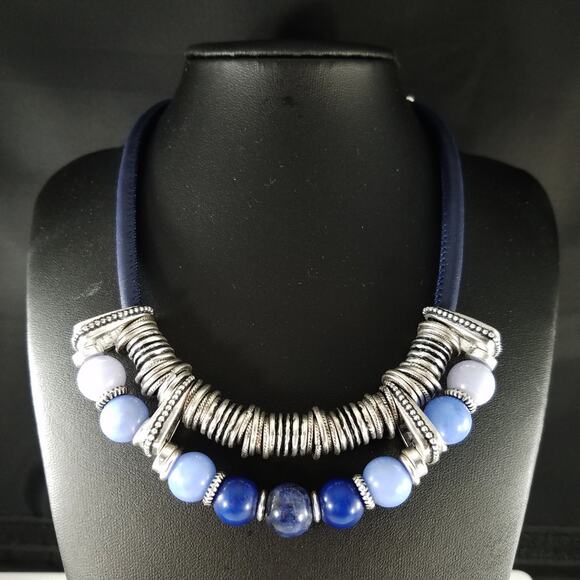 Chico's Gemstone, Lucite & Blue Leather Necklace, Silver Tone Disks, 20 Inches - Picture 6 of 7